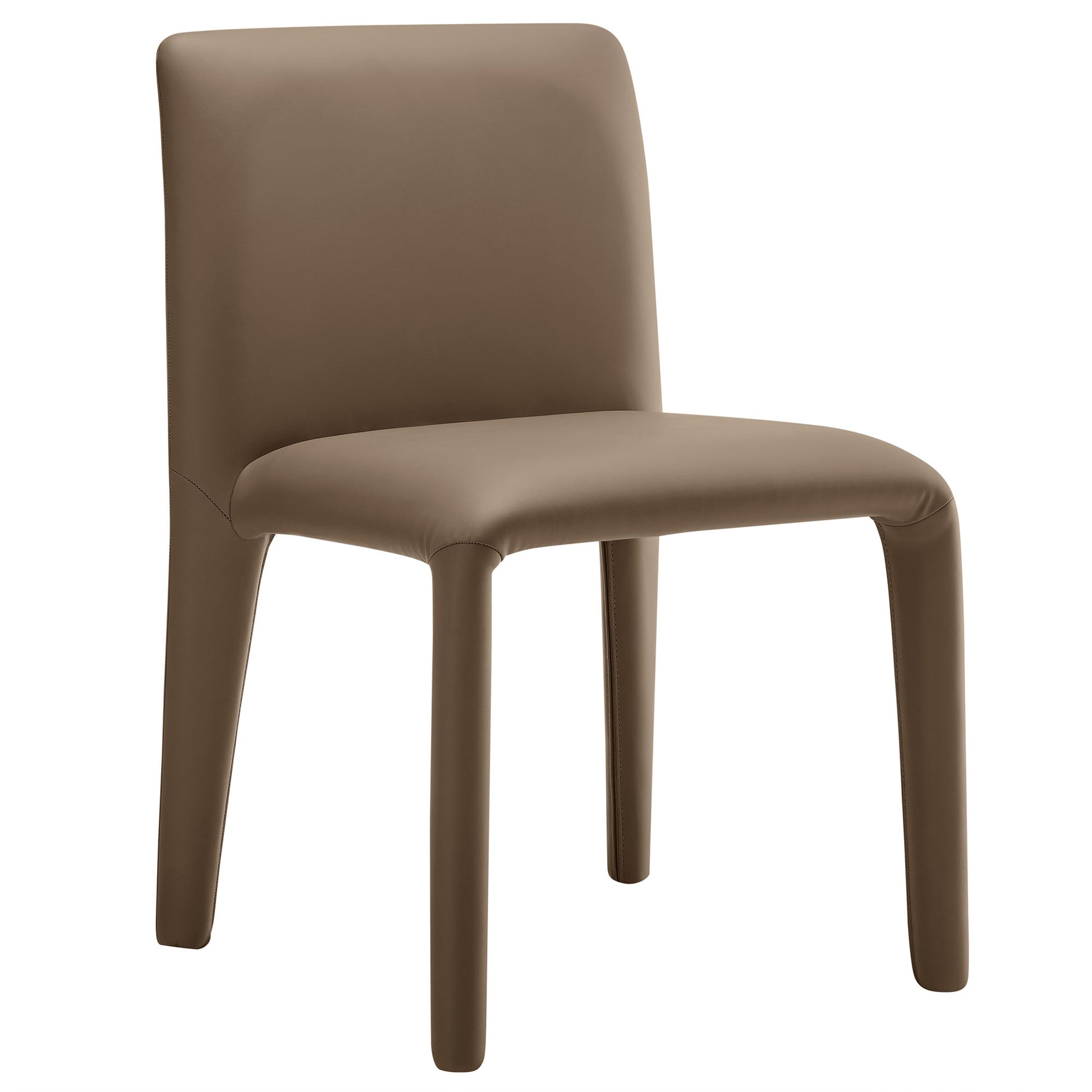 Taupe upholstered dining chair with rounded back and padded seat, tapered legs.