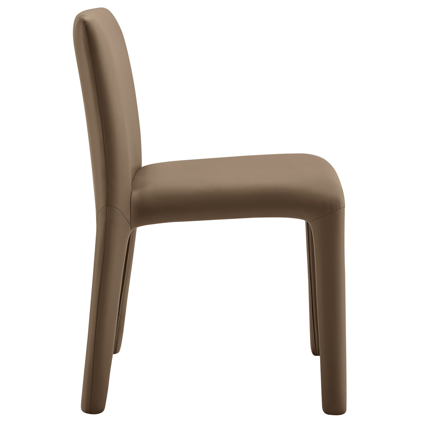 Brown vegan leather dining chair with high back, rounded legs and clean, modern minimalist design.