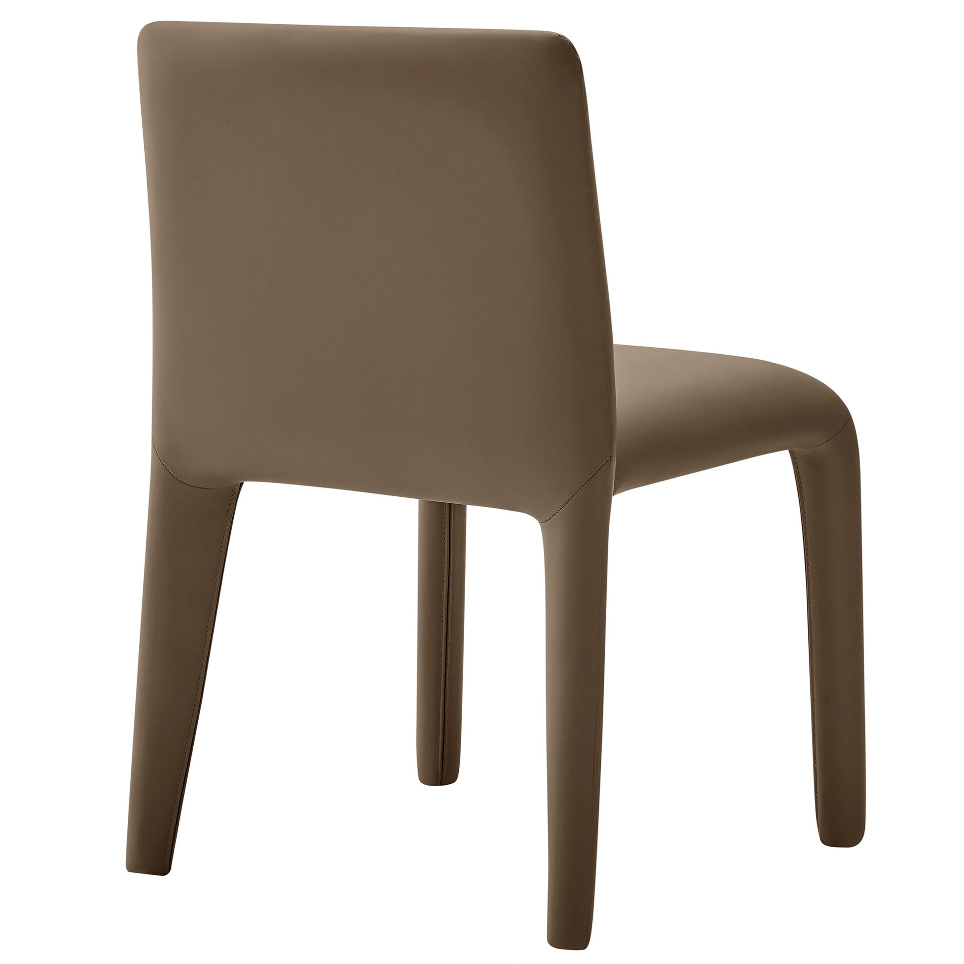 Taupe vegan leather upholstered dining chair with a curved back and rounded legs; contemporary minimalist style.