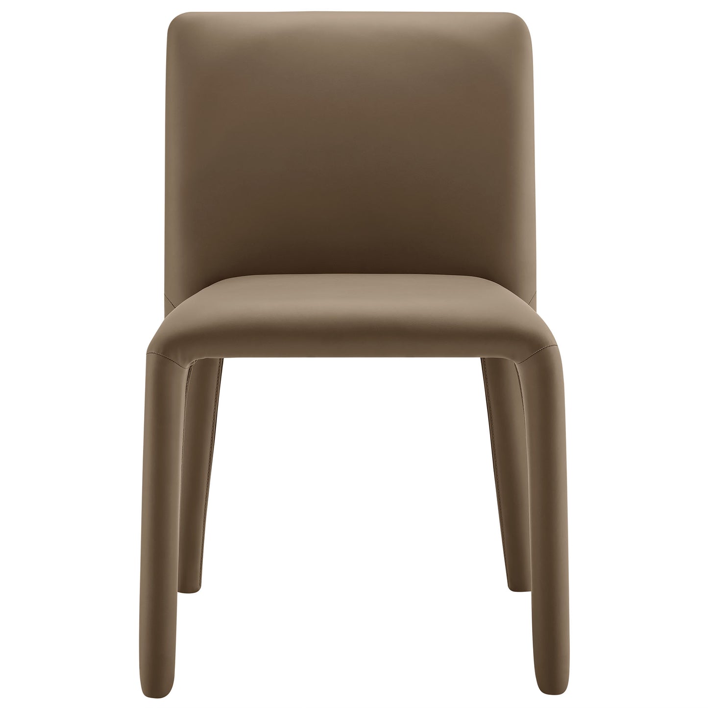 Brown vegan leather upholstered dining chair with rounded back and thick curved legs, modern minimalist style.