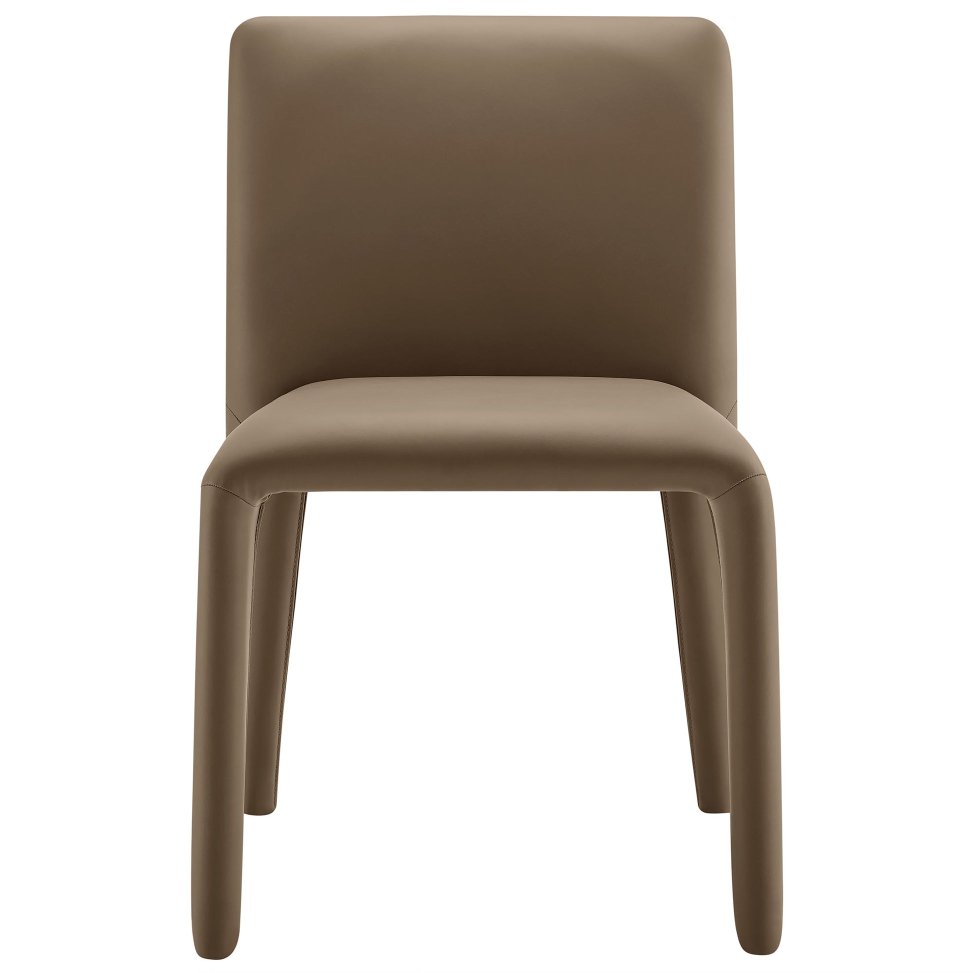 Brown vegan leather upholstered dining chair with rounded back and thick curved legs, modern minimalist style.