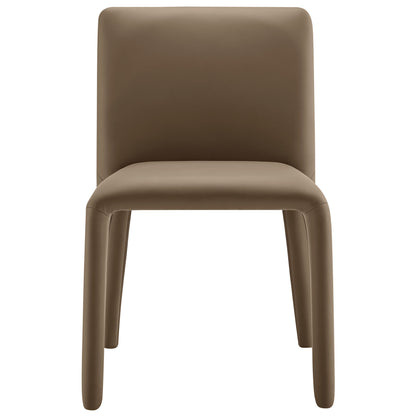 Brown vegan leather upholstered dining chair with rounded back and thick curved legs, modern minimalist style.