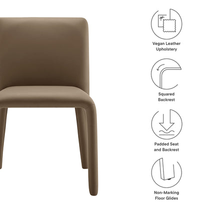 Brown vegan leather dining chair with squared back, padded seat and backrest, and non-marking floor glides.