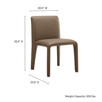 Brown vegan leather dining chair with rounded back; 32.5H x 20.5W x 22.5D; modern armless seat.