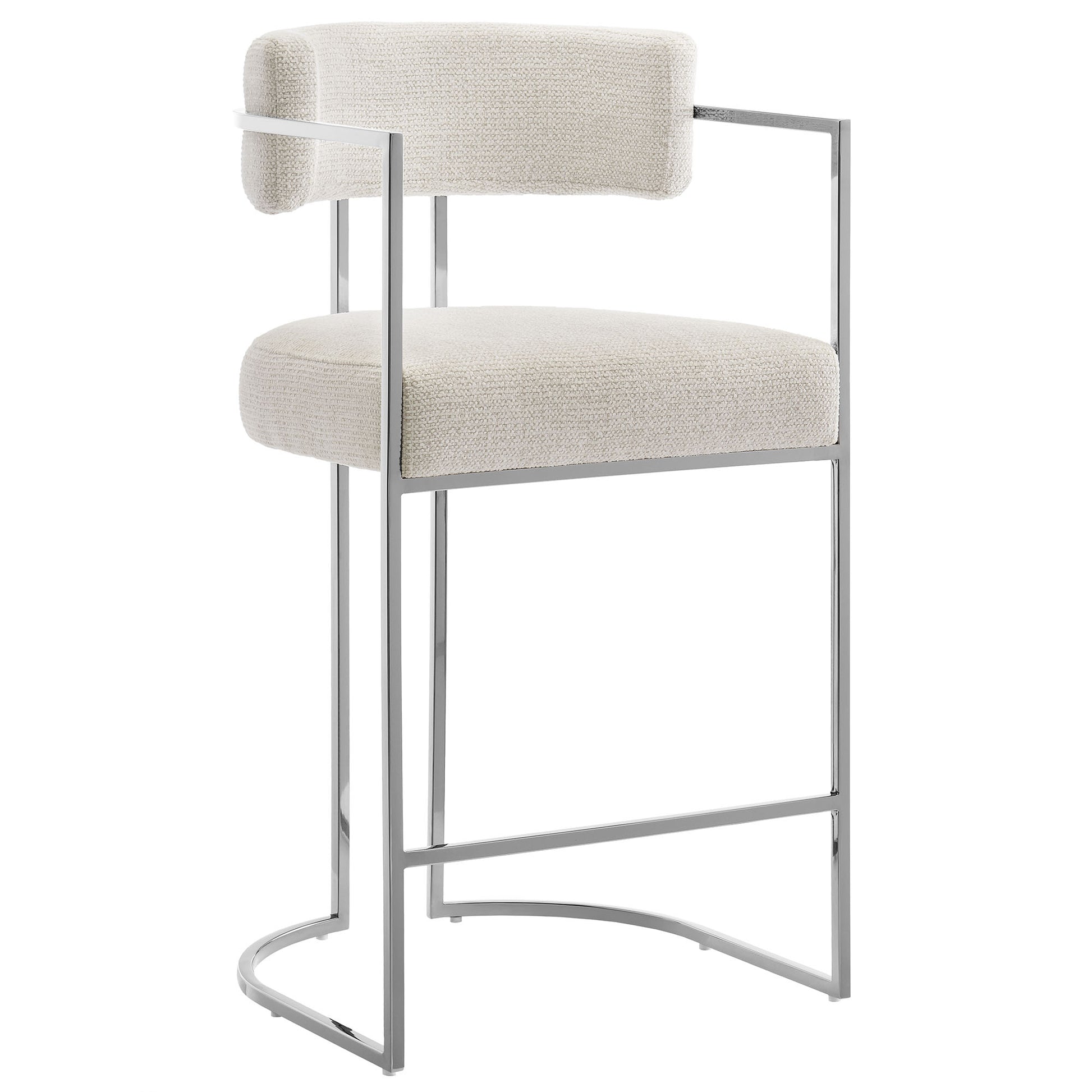 White fabric and metal counter stool with curved back, slim frame, and integrated backrest.