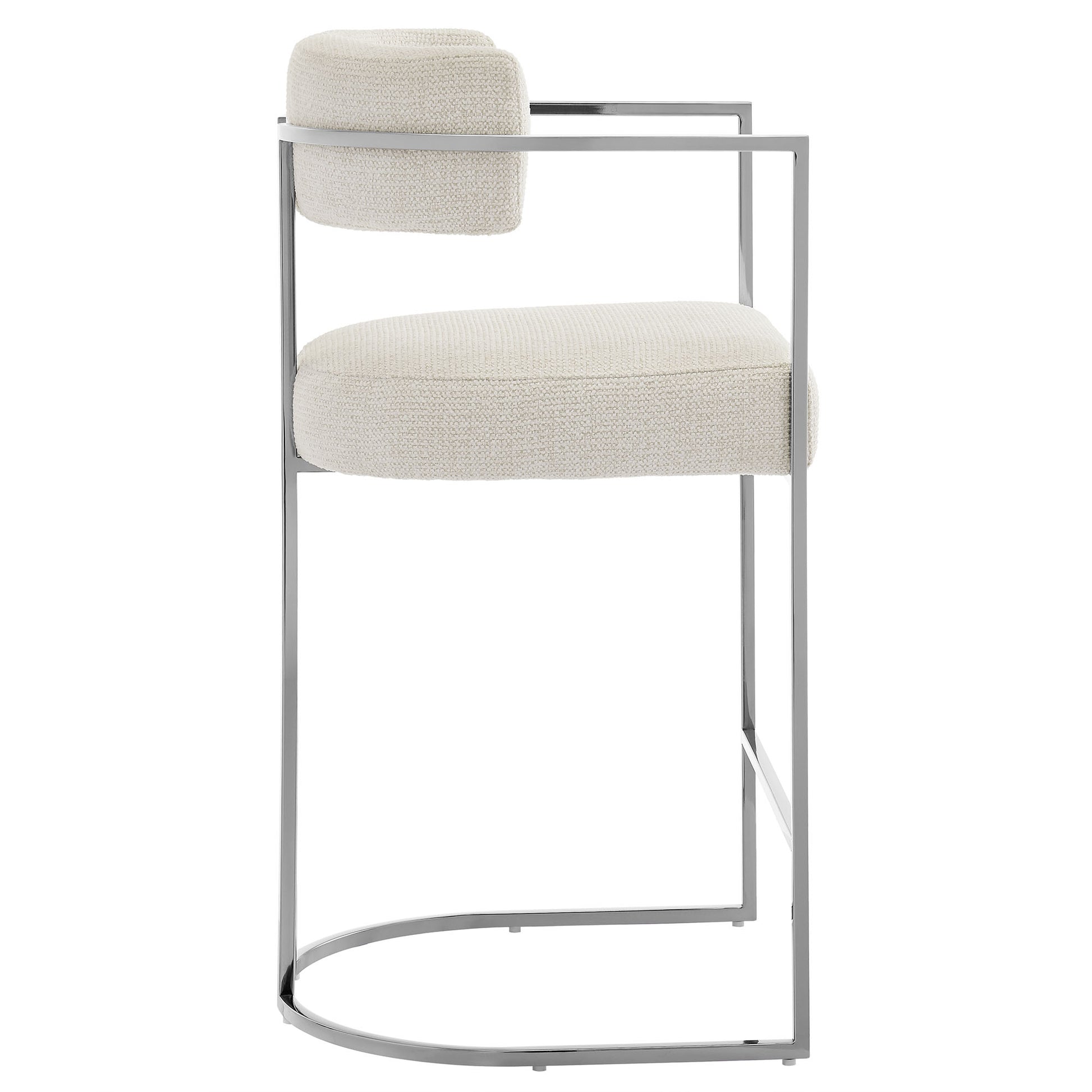 Silver metal cantilever bar stool with cream upholstered seat & back cushion; circular base, modern kitchen island seating.