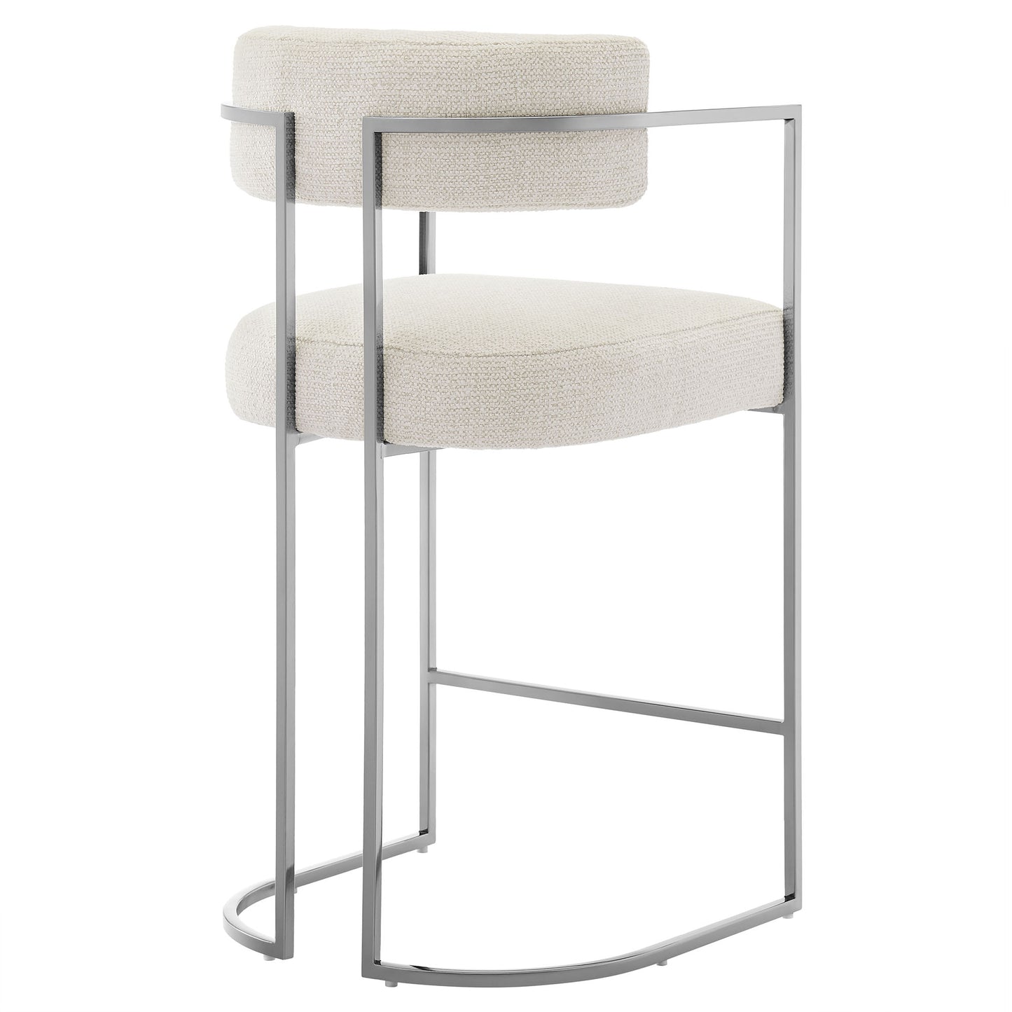 Silver metal-frame bar stool with cream upholstered seat and back cushion; rounded footrest, contemporary minimalist design.