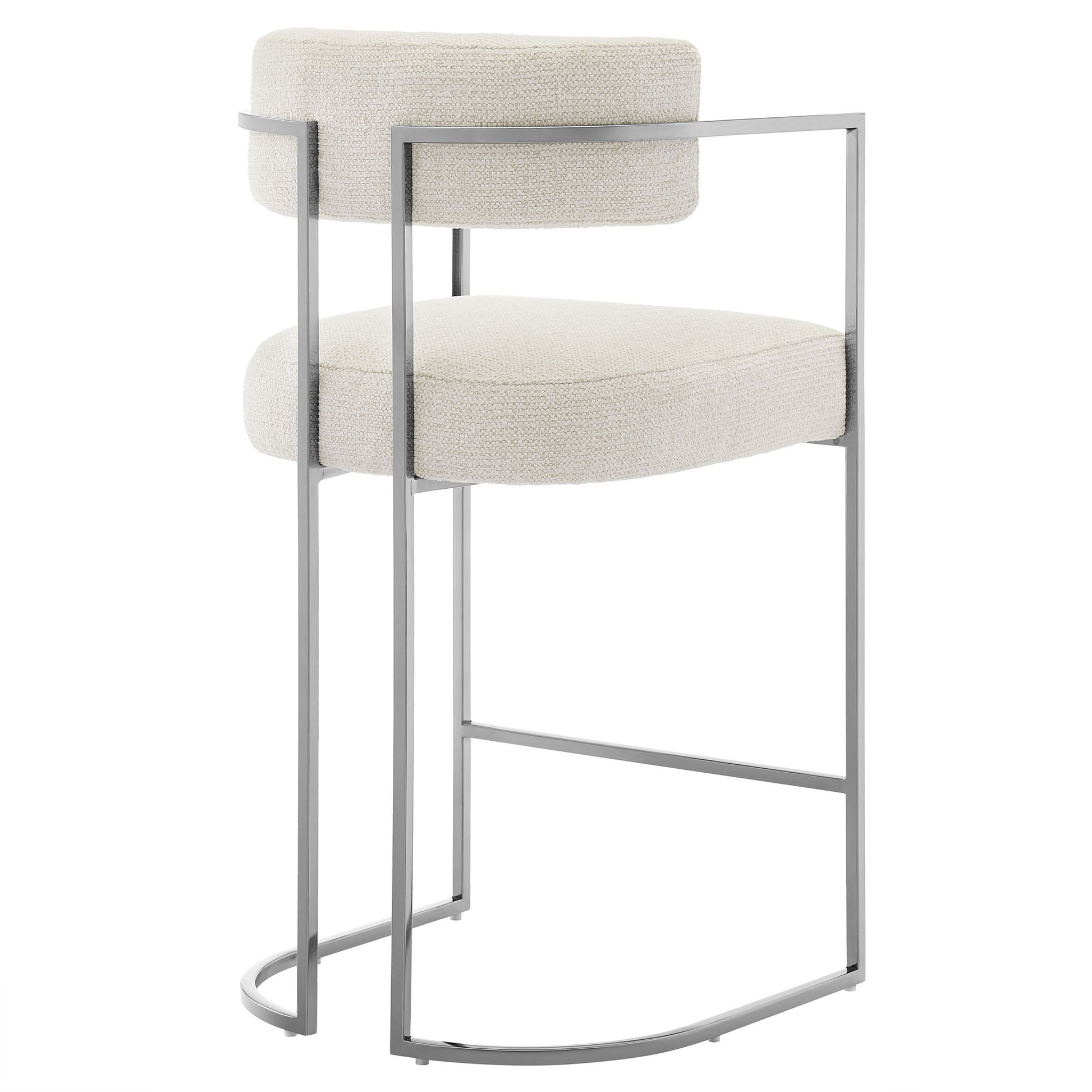 Silver metal-frame bar stool with cream upholstered seat and back cushion; rounded footrest, contemporary minimalist design.