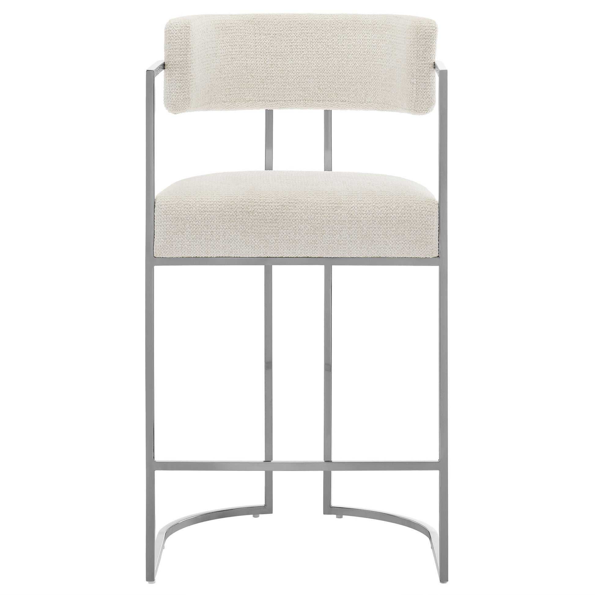 Gray metal bar stool with cream upholstered seat and backrest, curved footrest, modern industrial design.