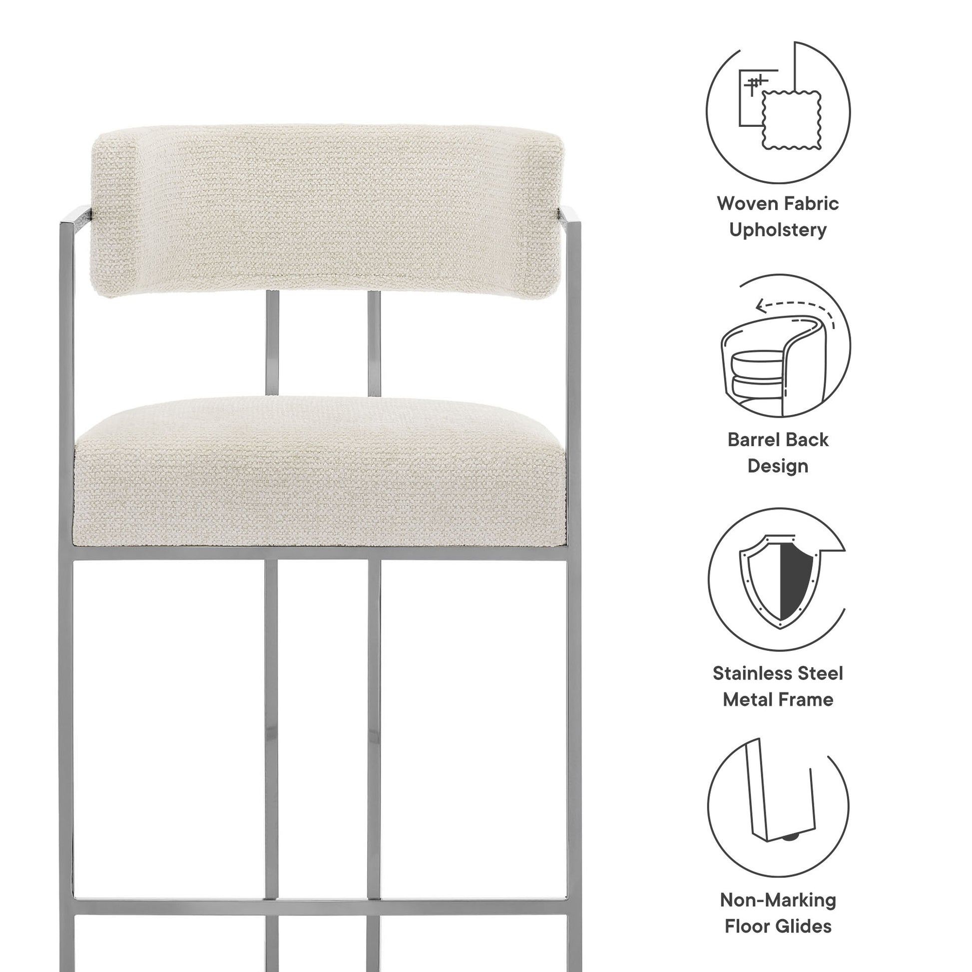 White fabric and metal counter stool with a curved, barrel-back cushion and non-marking floor glides