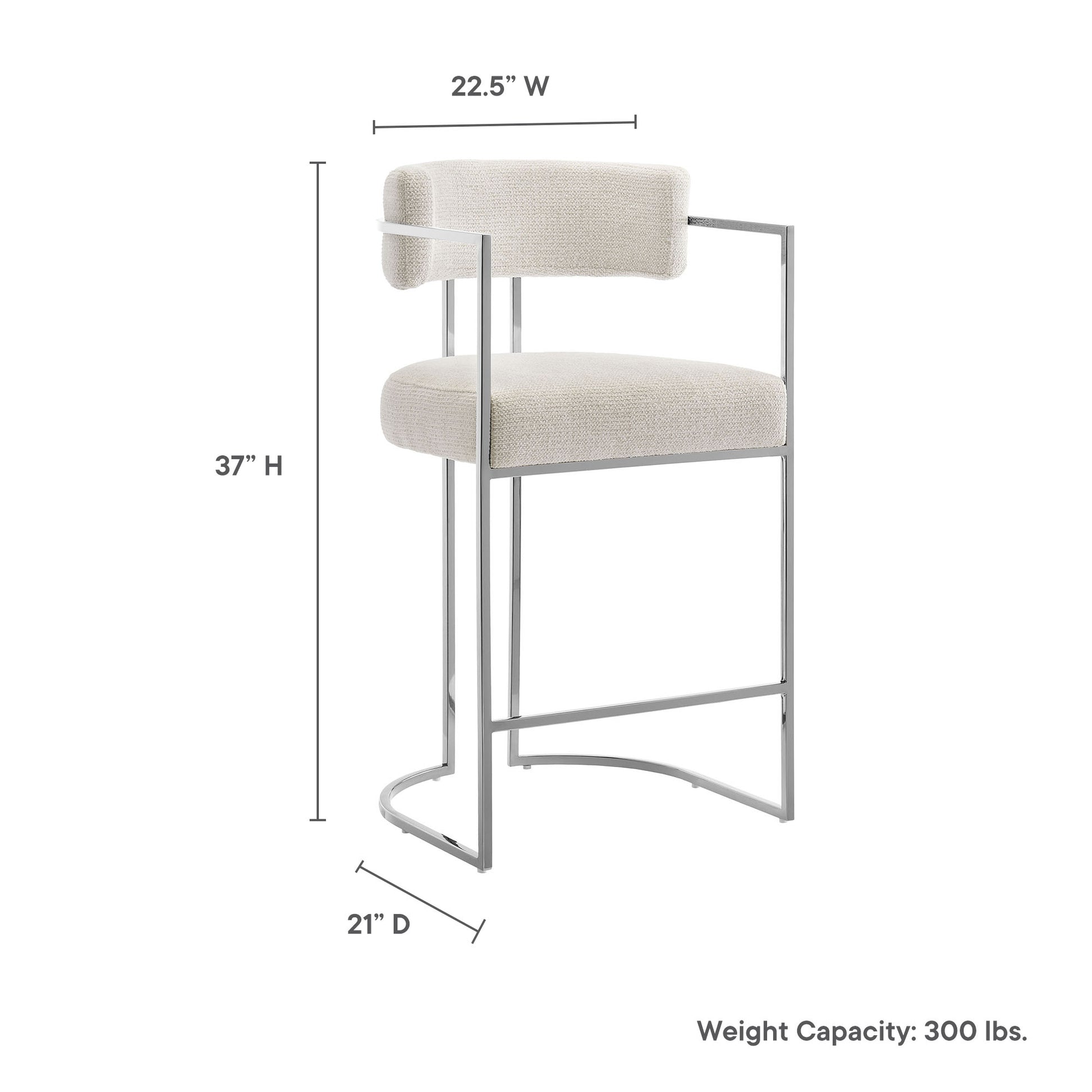 Cream fabric upholstery counter stool with a silver chrome frame, curved cantilever base and padded backrest.