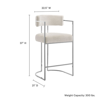 Cream fabric upholstery counter stool with a silver chrome frame, curved cantilever base and padded backrest.