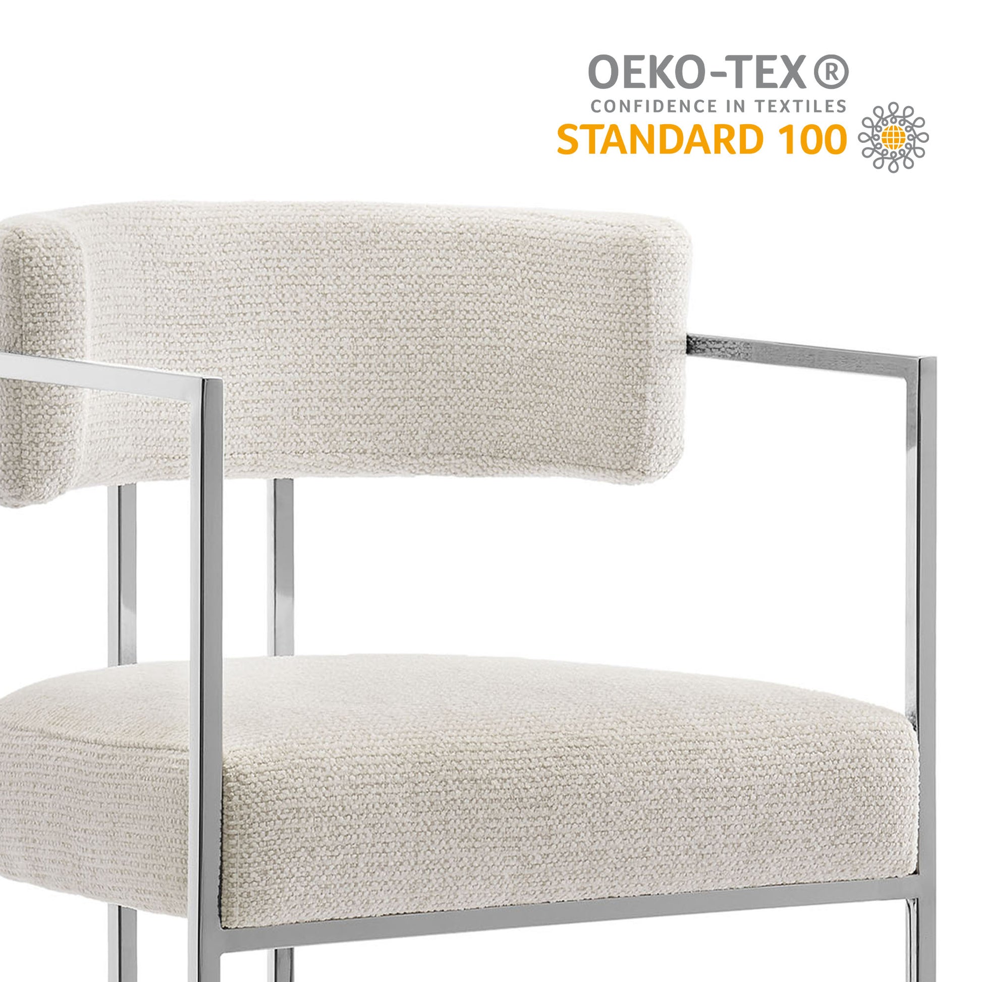 Cream boucle upholstery counter stool with curved back & metal frame.