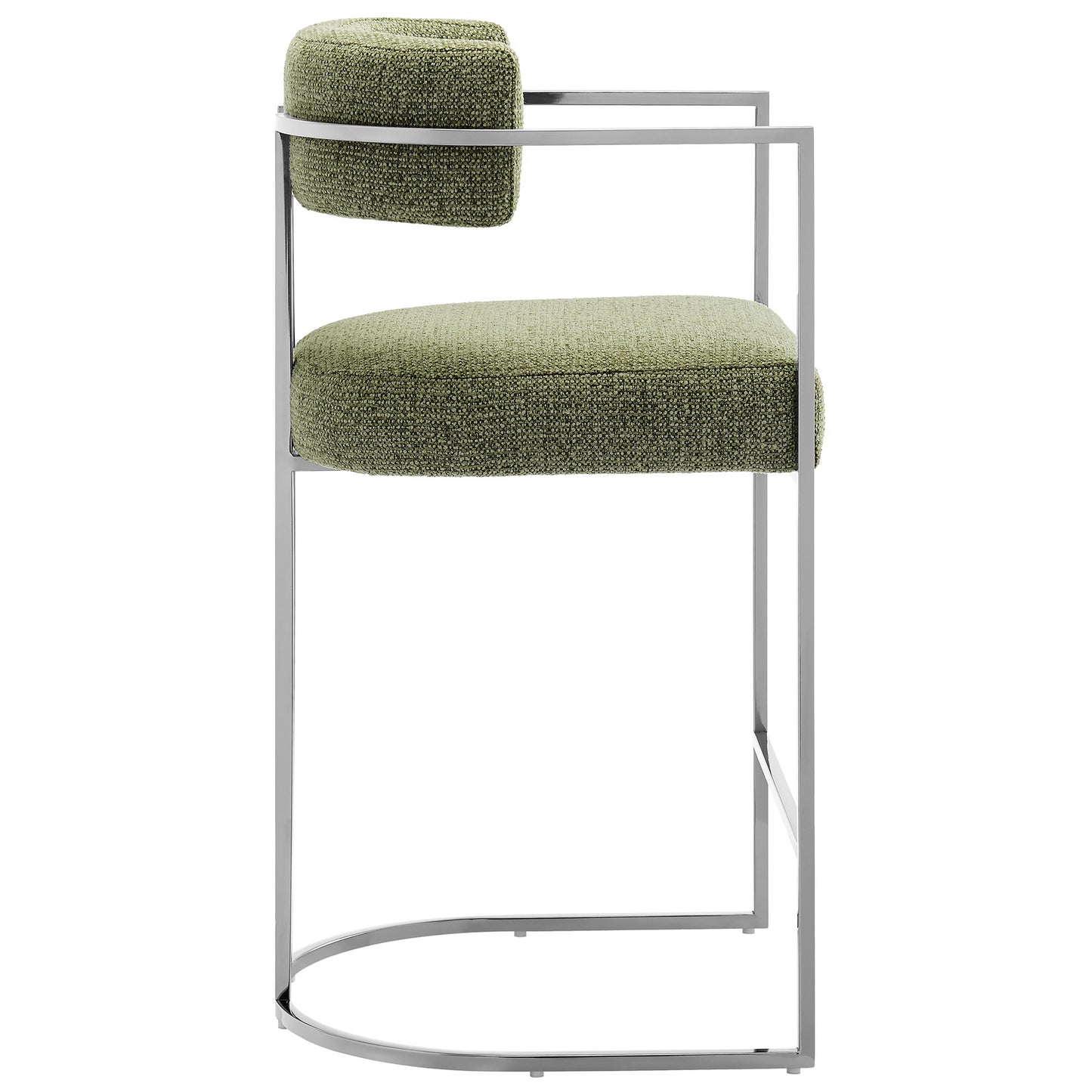 Olive-green fabric counter stool with curved back and metal frame.