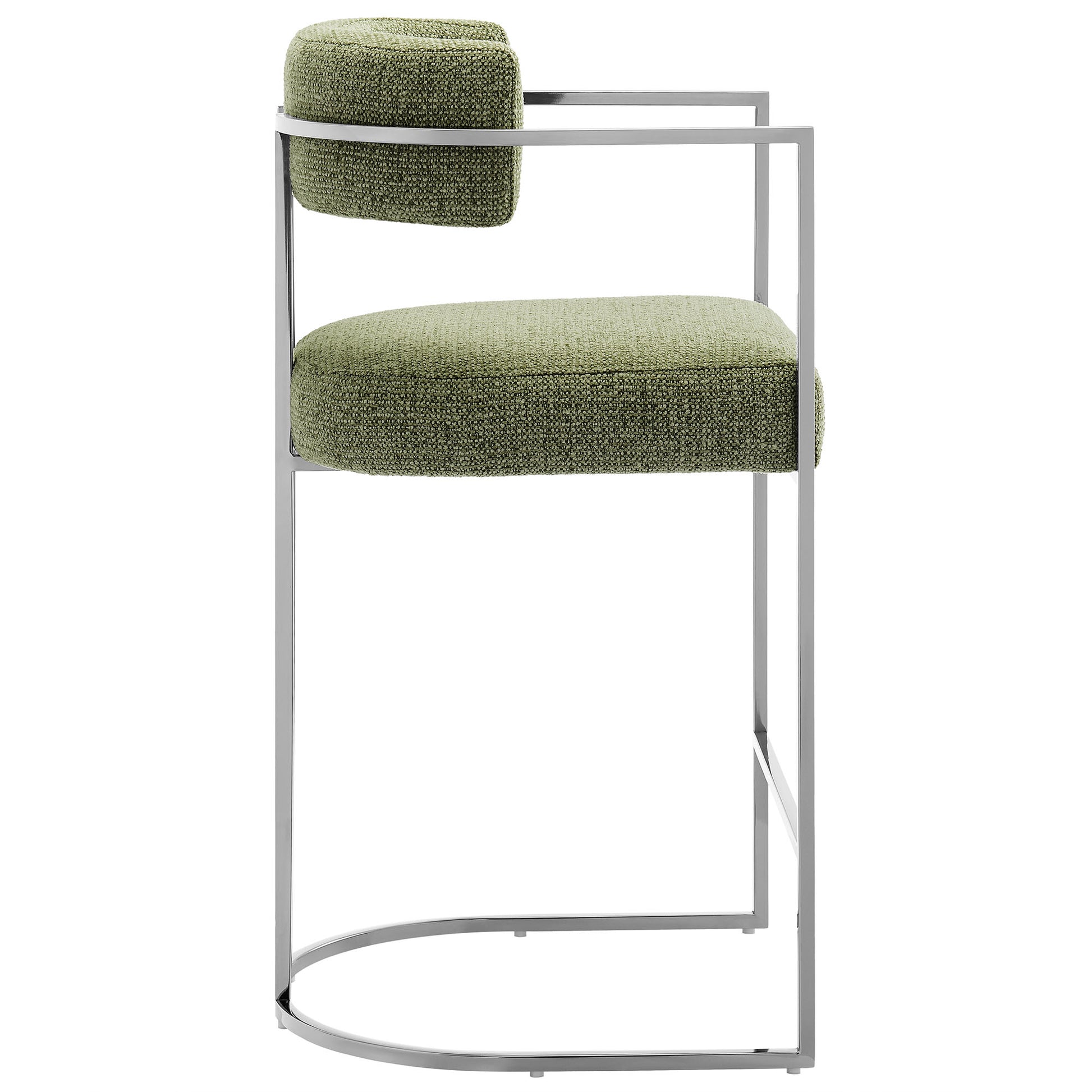 Olive-green fabric counter stool with curved back and metal frame.