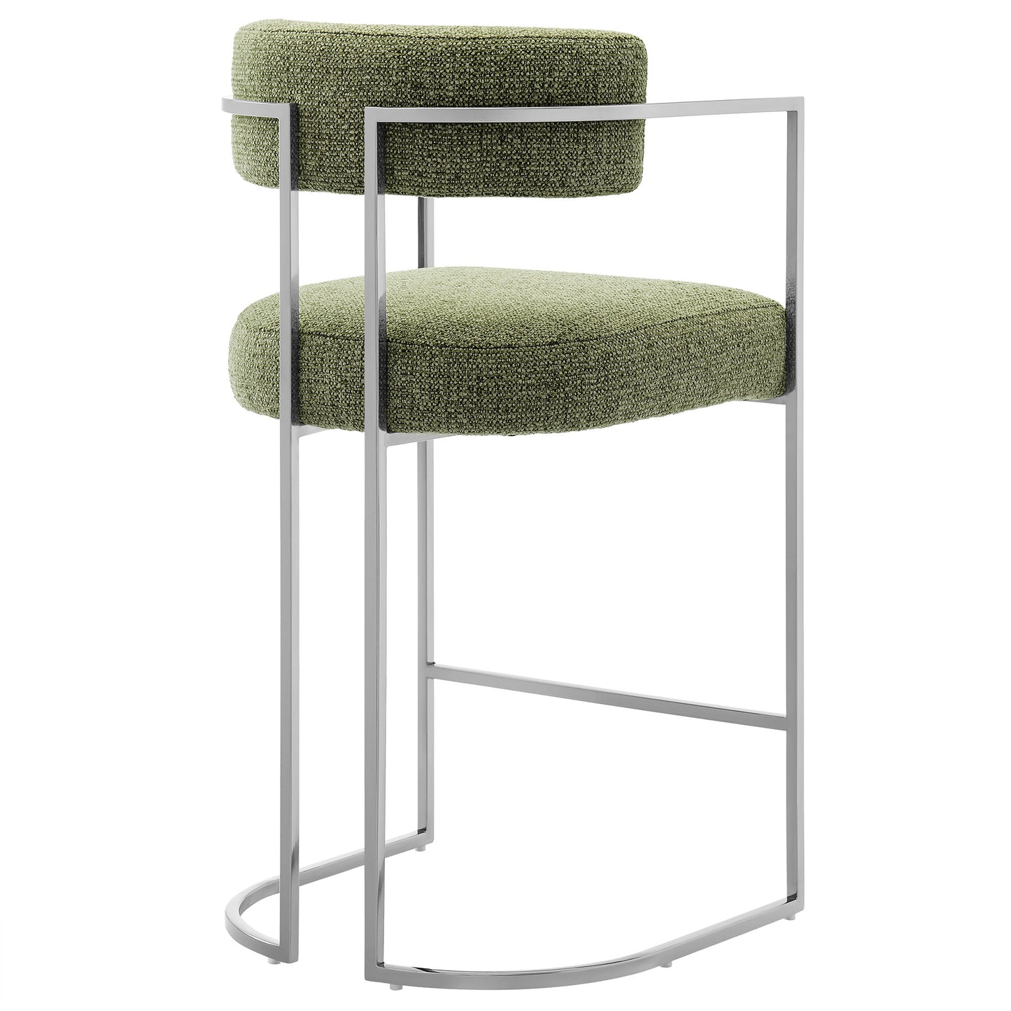 Green textured upholstered counter stool with a silver metal frame, curved circular footrest, and small back cushion.