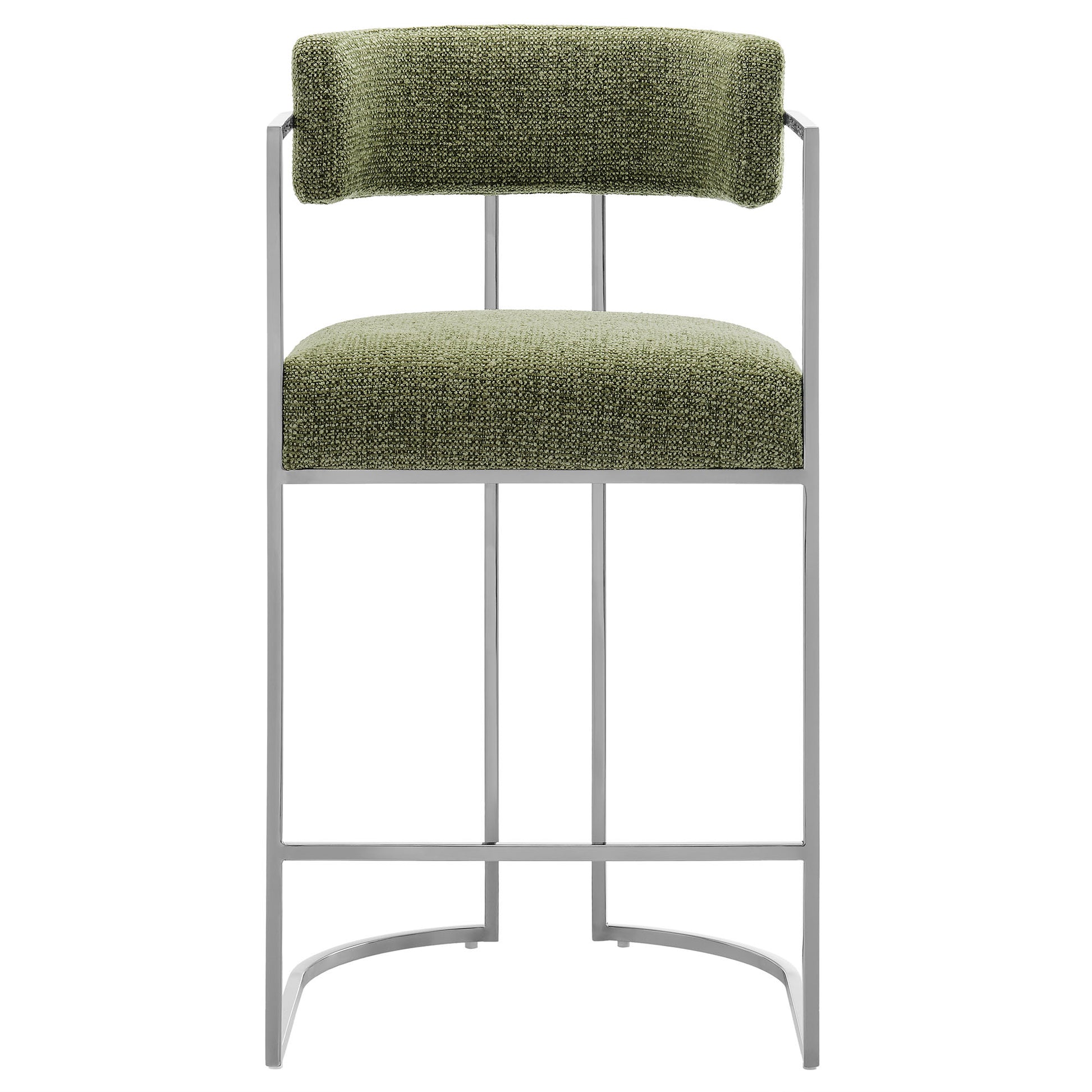 Olive green textured fabric cushioned counter stool with curved backrest on a slim gray metal frame.