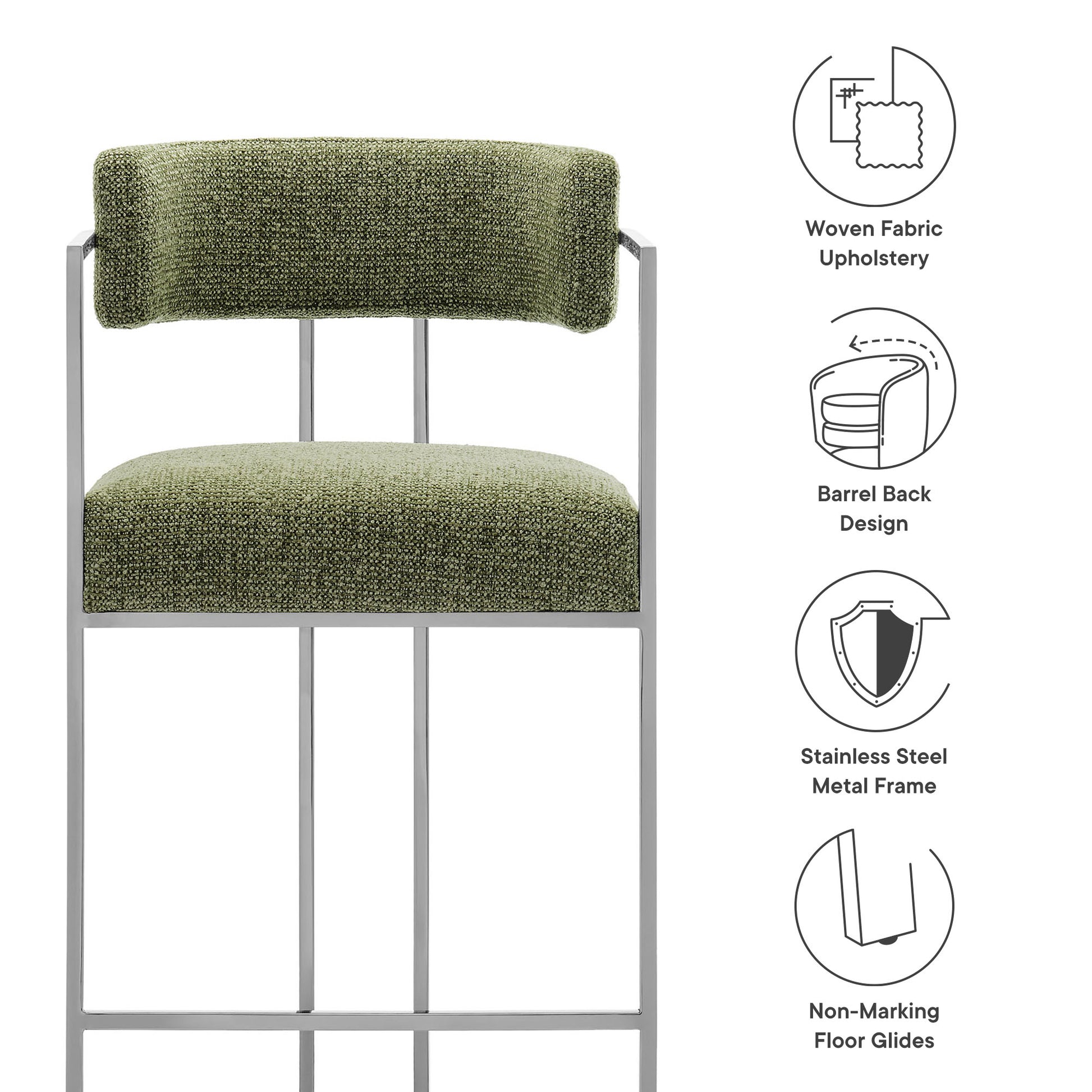 Olive-green woven fabric counter stool with curved-back, stainless steel frame and non-marking glides.