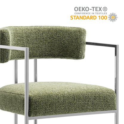 Modern curved-back counter stool in olive green textured fabric with a brushed metal frame; OEKO-TEX STANDARD 100 label.