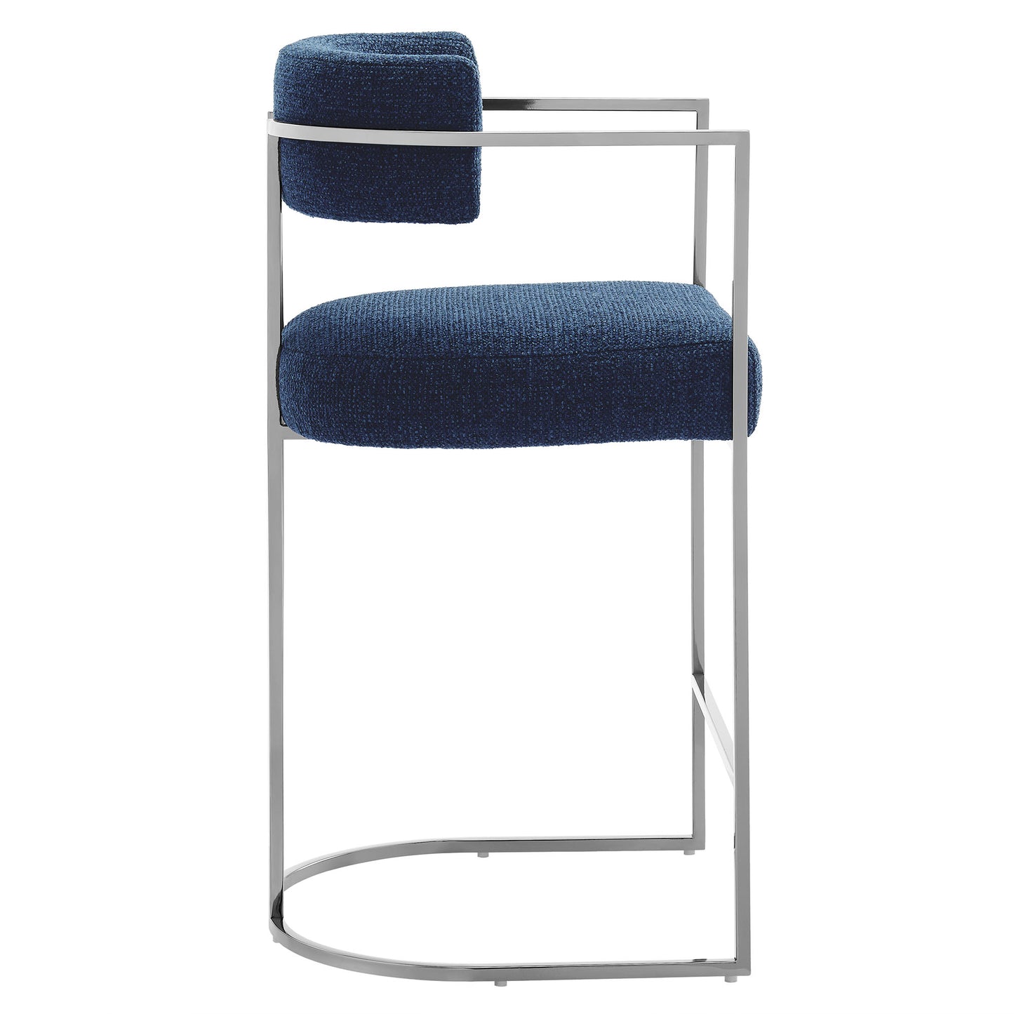 Navy blue curved-back upholstered counter stool on a chrome cantilever frame & circular footrest.