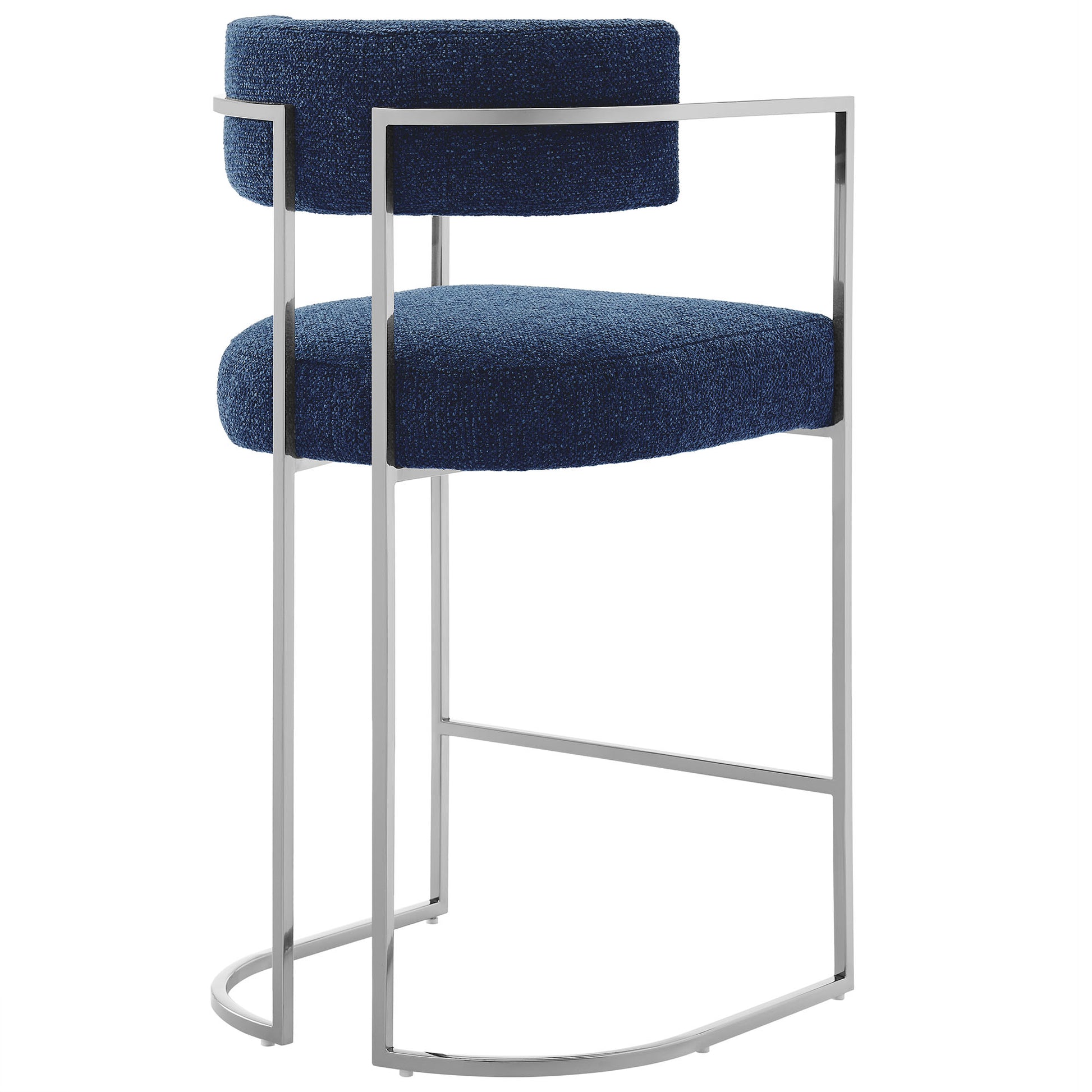 Navy blue upholstered counter stool with a slim silver metal frame, curved backrest and circular footrest.