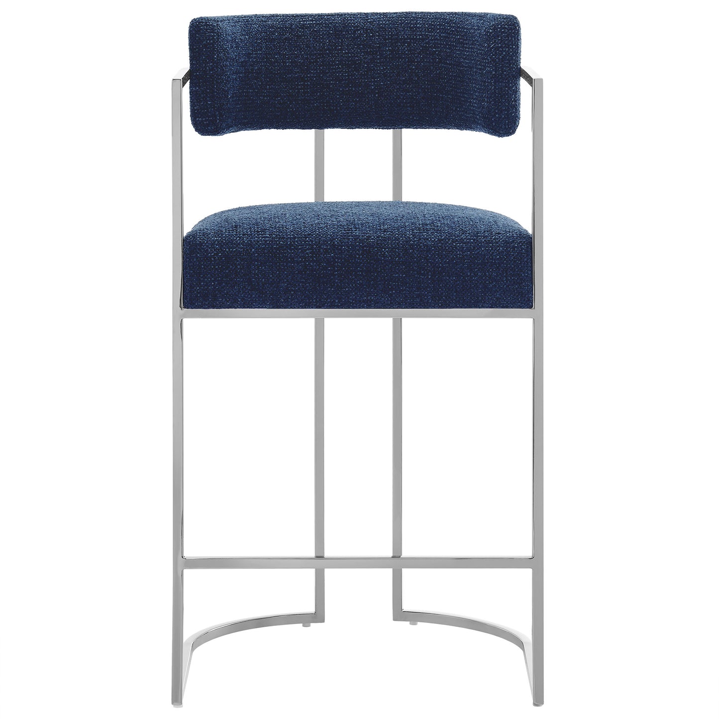 Navy blue fabric upholstered back and seat on a slim silver metal curved-back counter stool.
