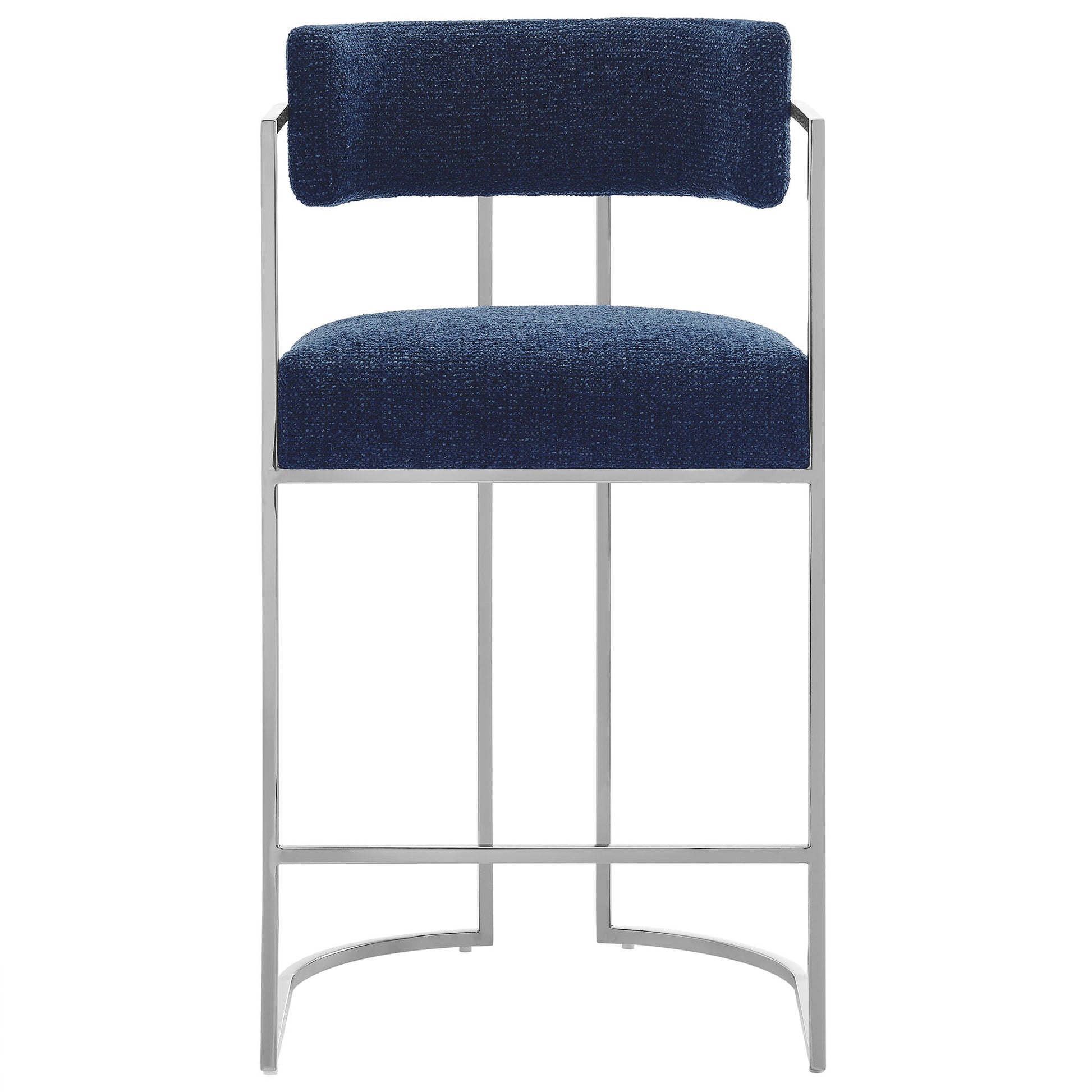Navy blue fabric upholstered back and seat on a slim silver metal curved-back counter stool.