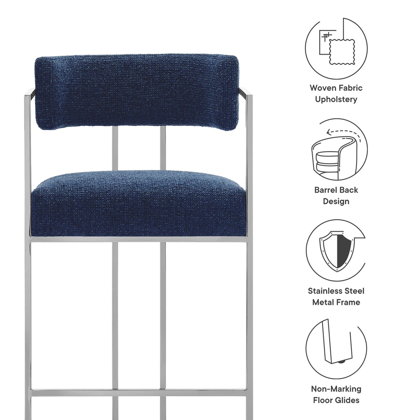 Navy woven fabric upholstered counter stool with curved back and slim metal frame.