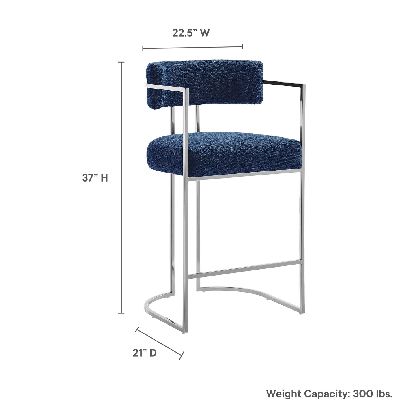 Blue curved-back counter stool with fabric upholstery and chrome metal frame; square-loop legs; 22.5W x 21D x 37H