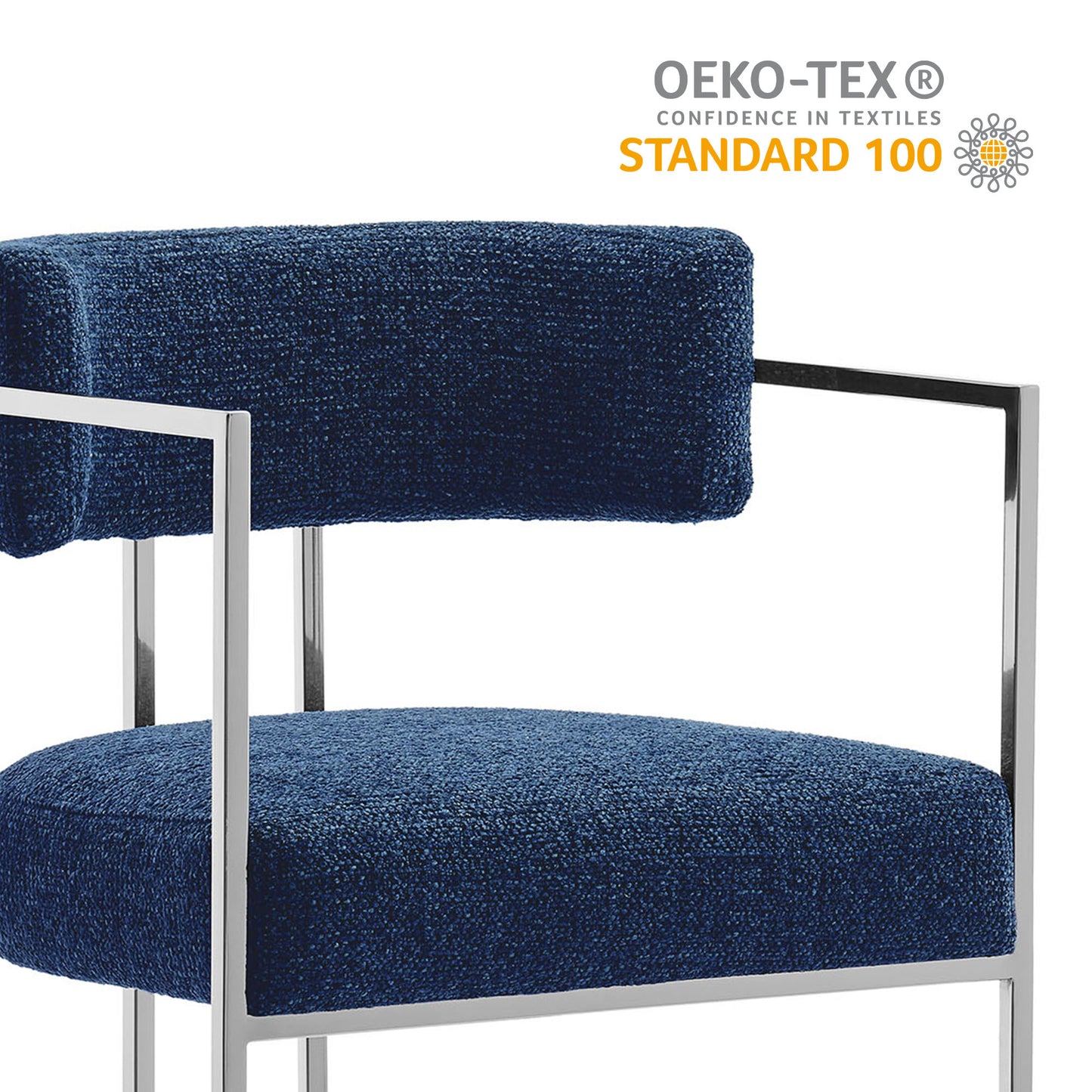 Counter stool with curved back, navy blue textured fabric upholstery, and a sleek silver metal frame.