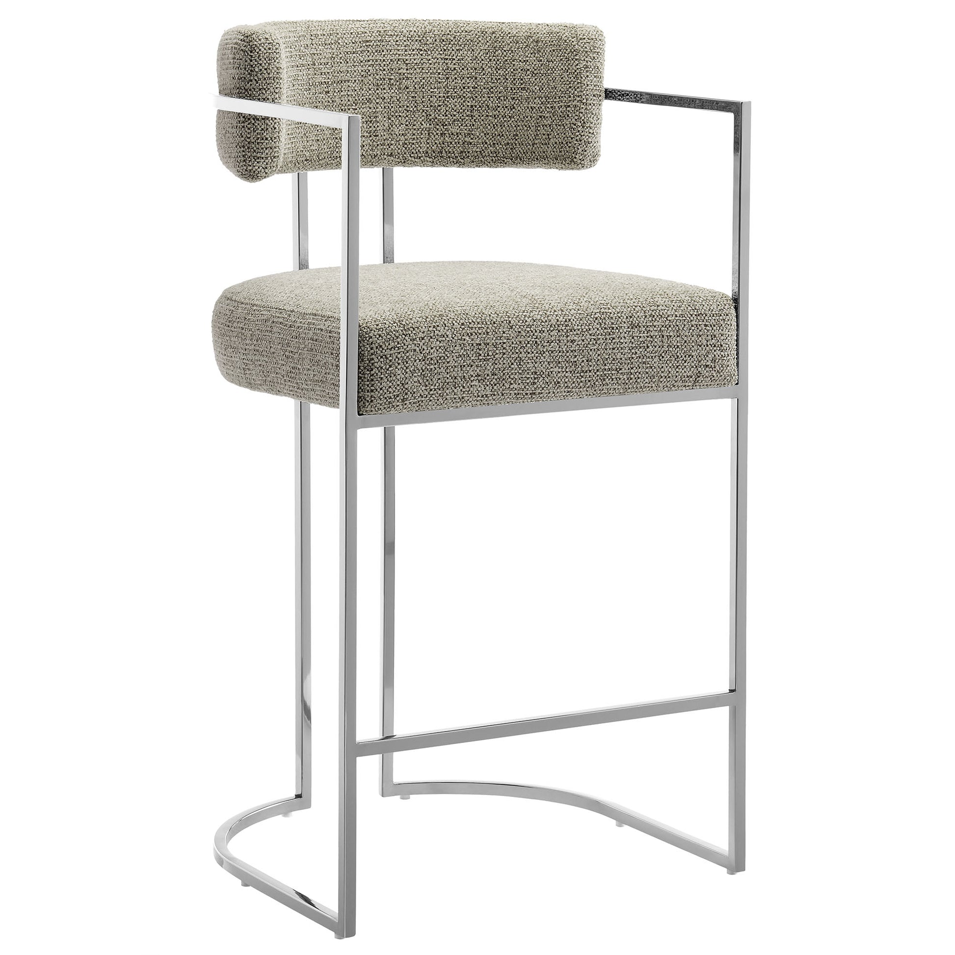 Brown fabric and metal counter stool with beige woven upholstered seat and back cushion, curved horseshoe base, modern design.