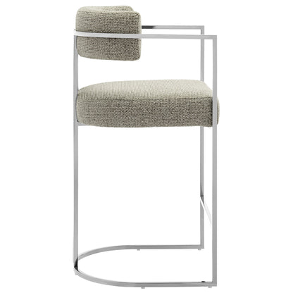 Slim metal counter stool with curved back, brown fabric upholstery on the seat and back cushion, curved footrest, modern design.