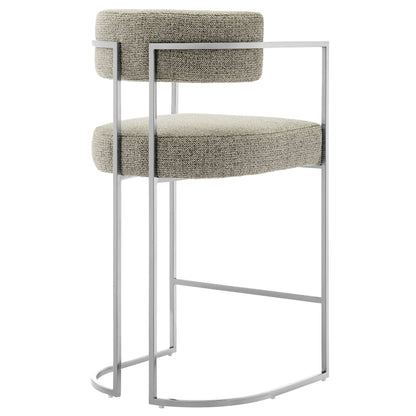 Brown fabric and metal counter stool with curved back, upholstered seat, and curved footrest.