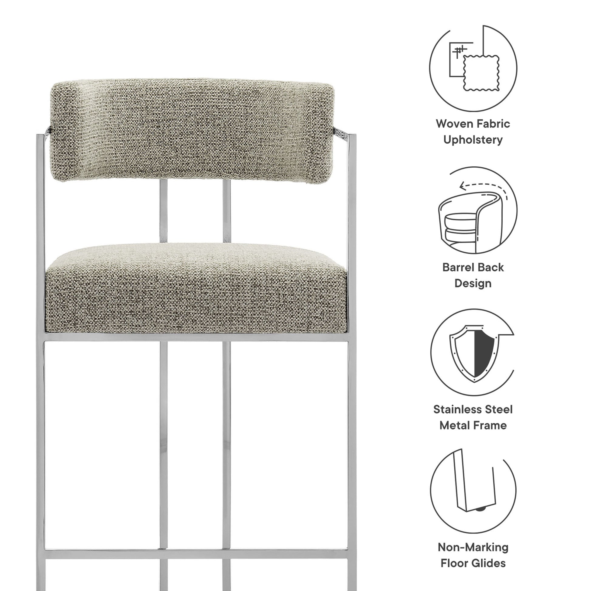 Counter stool with curved back, brown fabric upholstery, stainless steel frame, and non-marking floor glides.