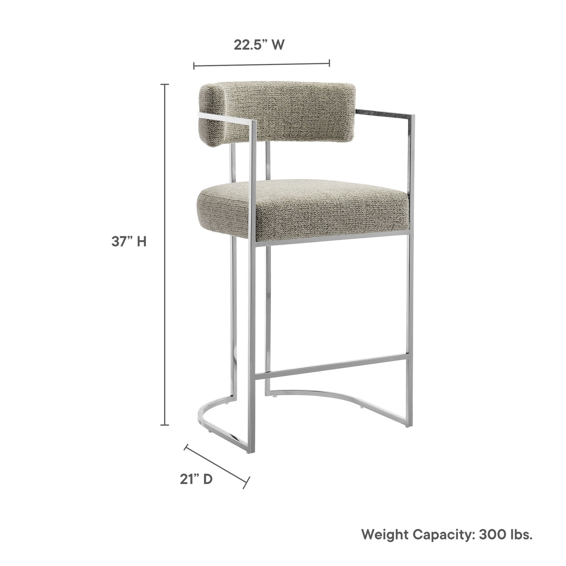 Chrome bar stool with light gray upholstered seat and back, slim frame, curved footrest, bar-height for counters.
