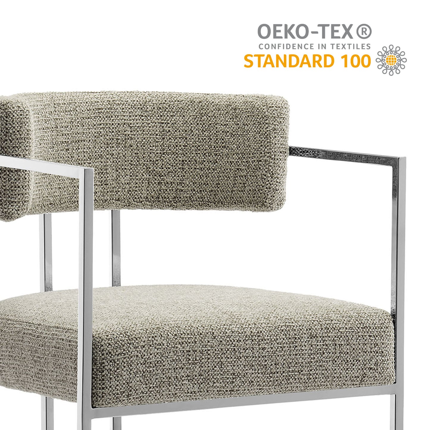 Counter-height stool with curved back, fabric upholstery and slim metal frame.