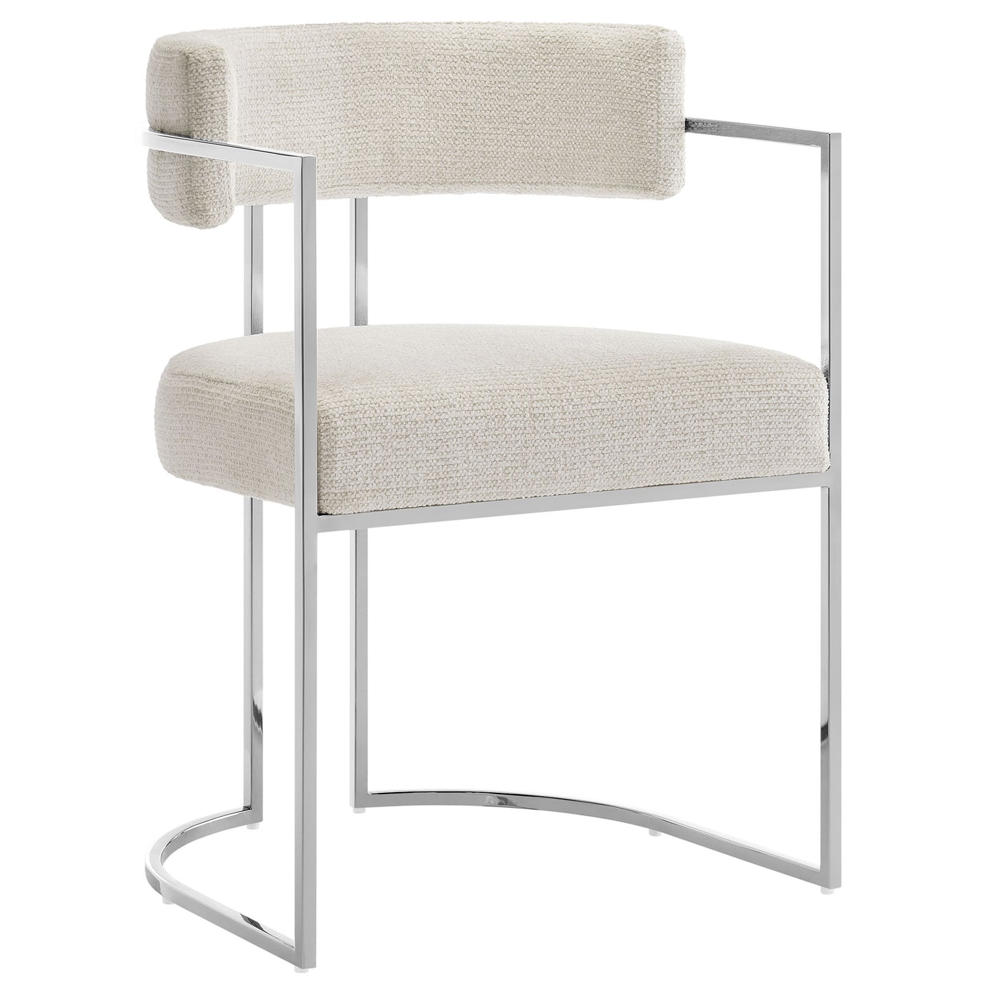 Cream/white boucle upholstered dining chair with slim metal frame, curved back and rectangular seat and back cushions.