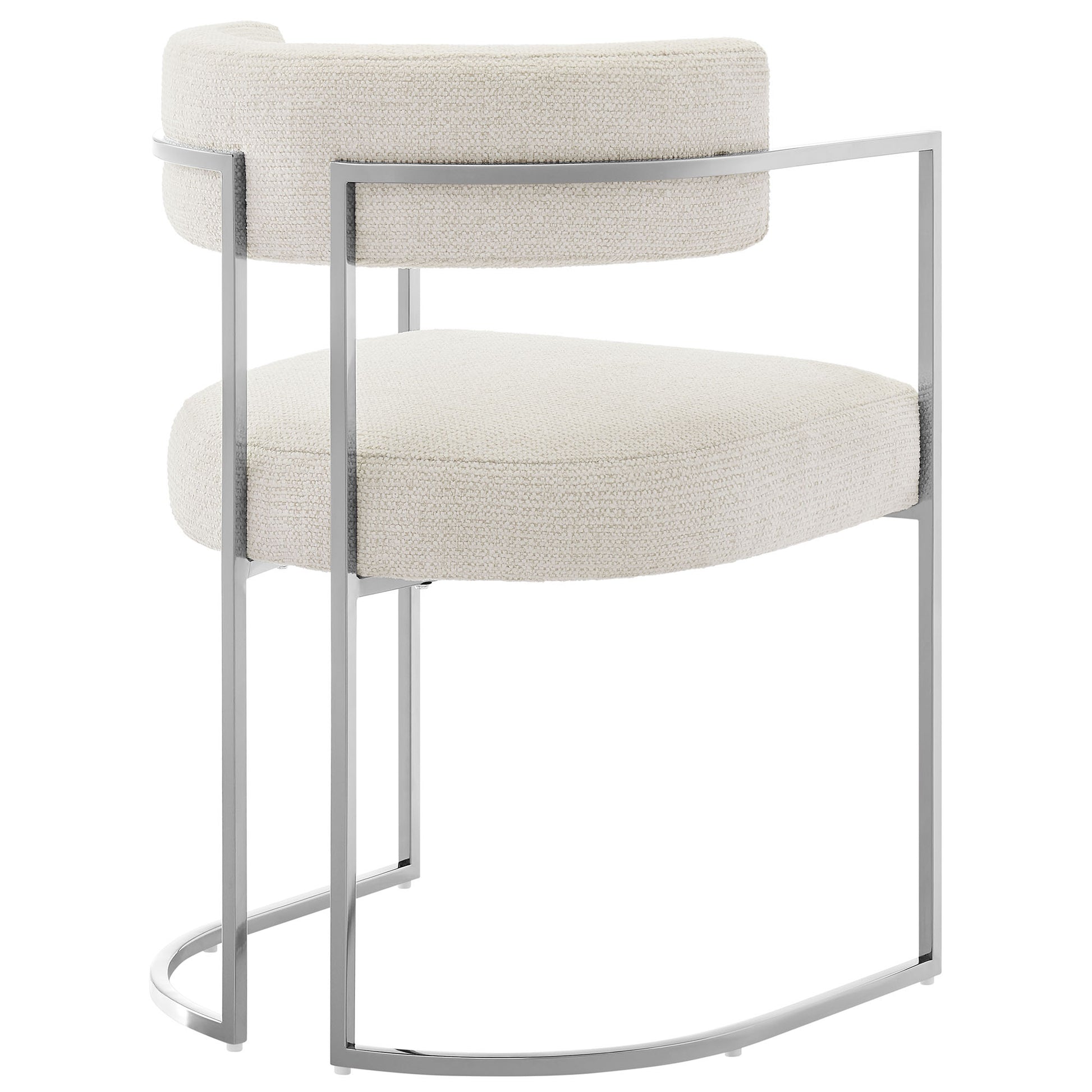 White boucle upholstered dining accent chair with a slim silver metal frame and curved back.