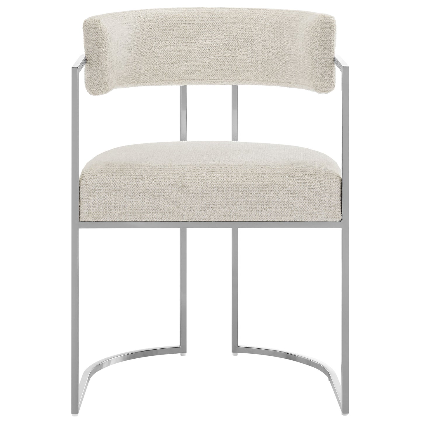 Modern dining accent chair with curved back, cream fabric upholstery and a silver metal frame.