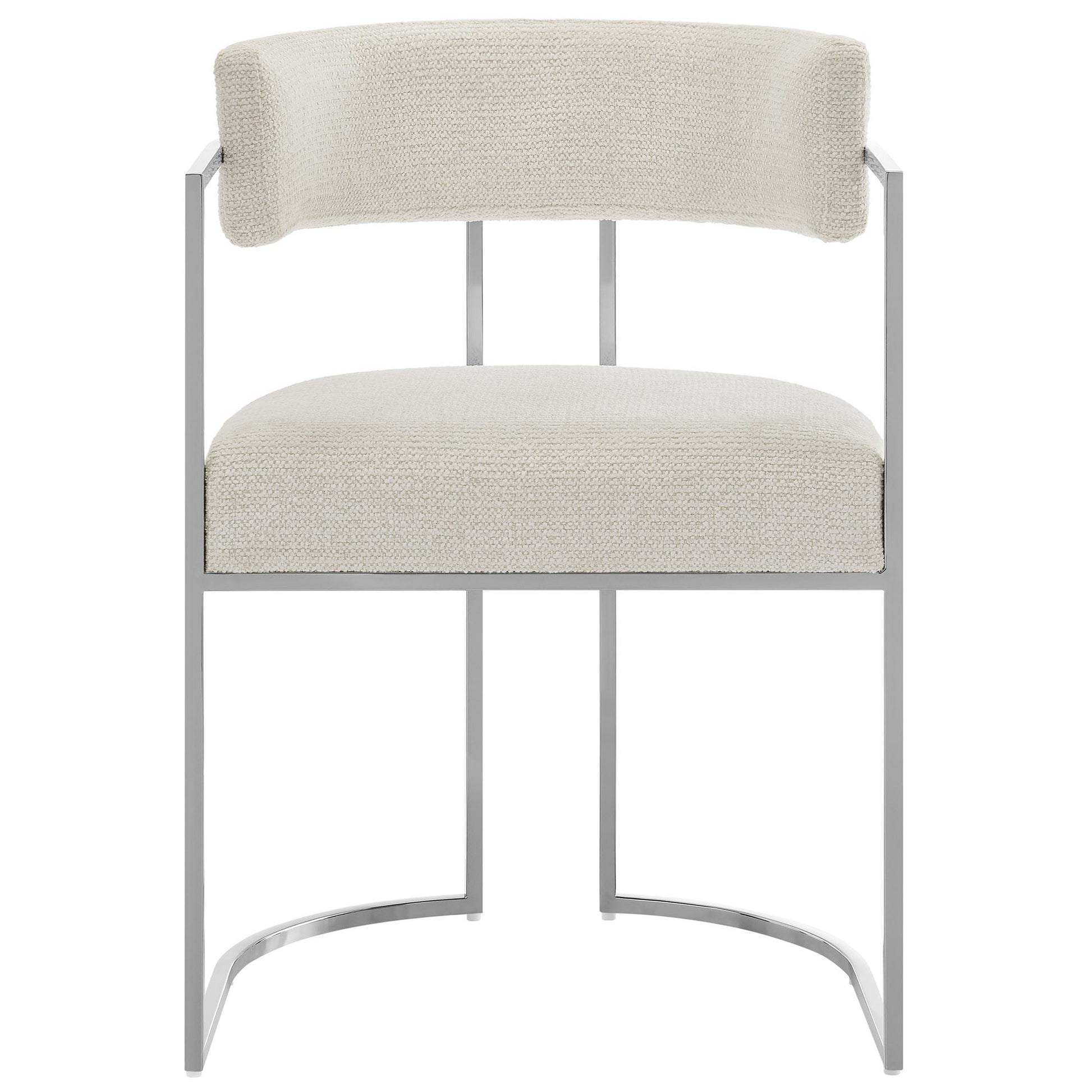 Modern dining accent chair with curved back, cream fabric upholstery and a silver metal frame.