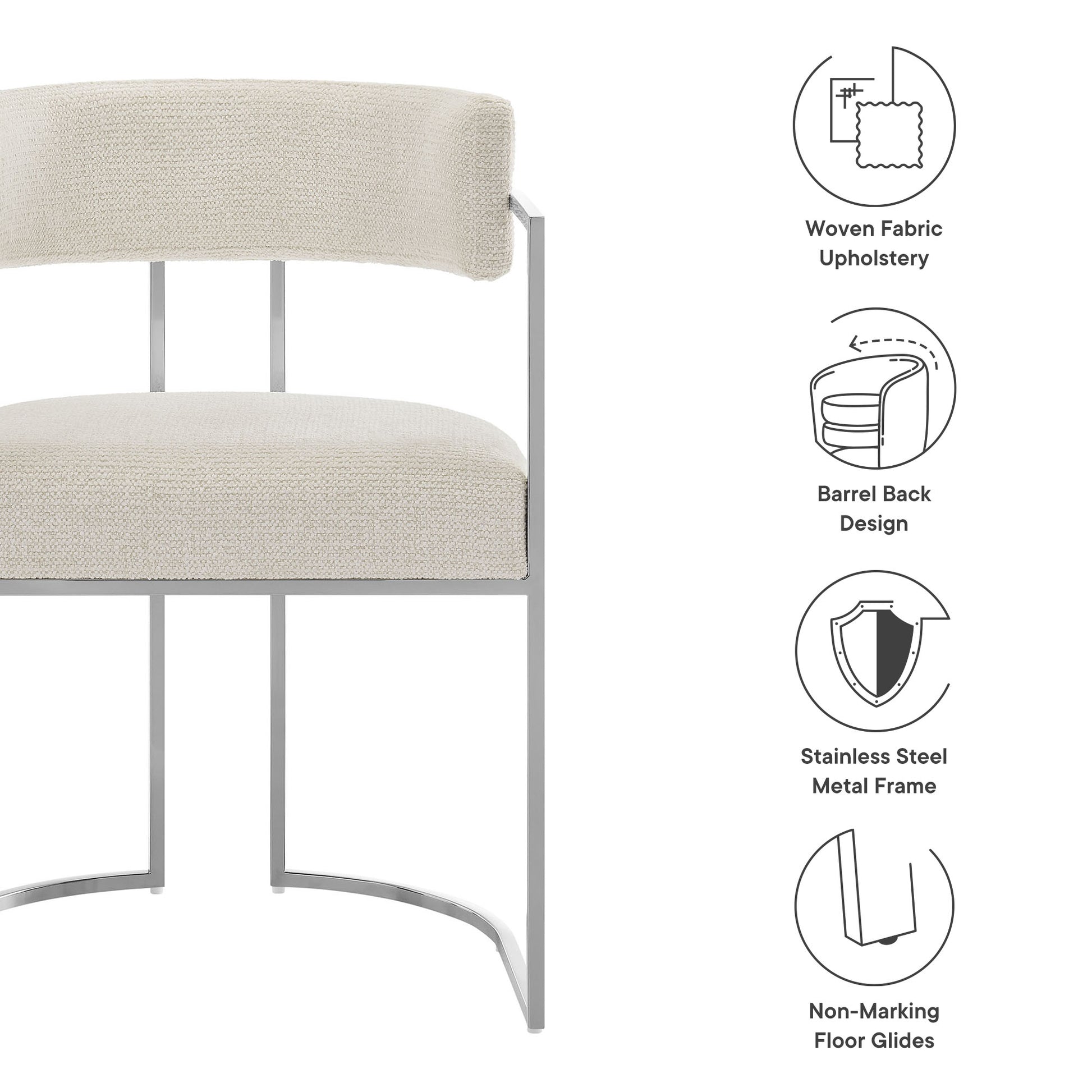 Cream woven-fabric chair with barrel back, stainless steel frame and non-marking floor glides.