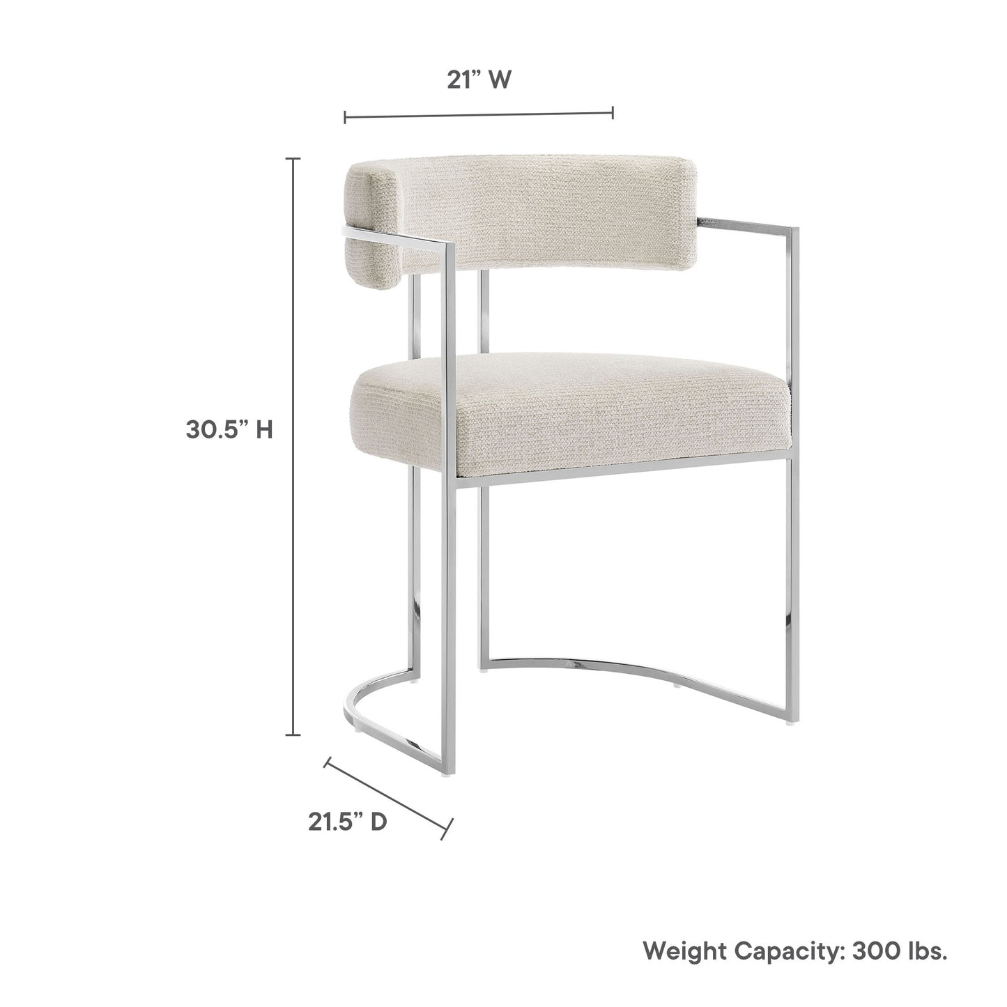 Modern silver metal dining accent chair with beige fabric upholstery and curved back; 21W x 30.5H.