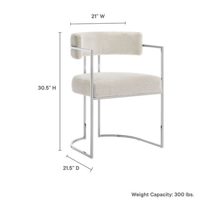 Modern silver metal dining accent chair with beige fabric upholstery and curved back; 21W x 30.5H.