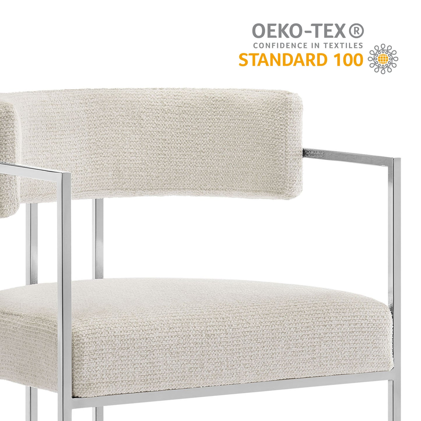 Cream textured fabric chair with a sleek silver metal frame; modern minimalist style and OEKO-TEX STANDARD 100.