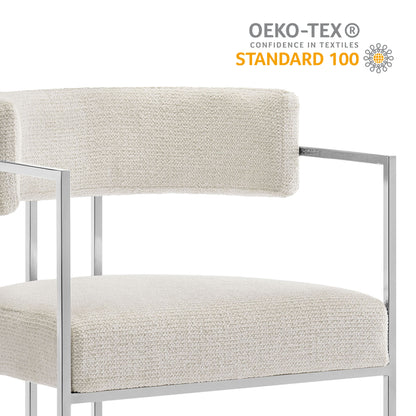 Cream textured fabric chair with a sleek silver metal frame; modern minimalist style and OEKO-TEX STANDARD 100.