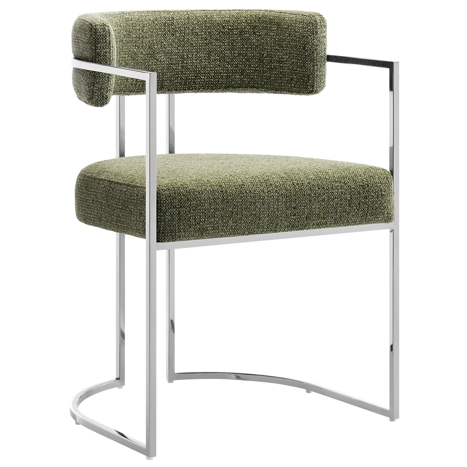 Olive green fabric upholstered cantilever dining chair with a chrome frame and curved back, rectangular seat and back cushions.