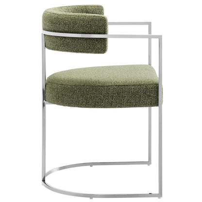 Metal dining accent chair with olive-green textured fabric seat and curved back.