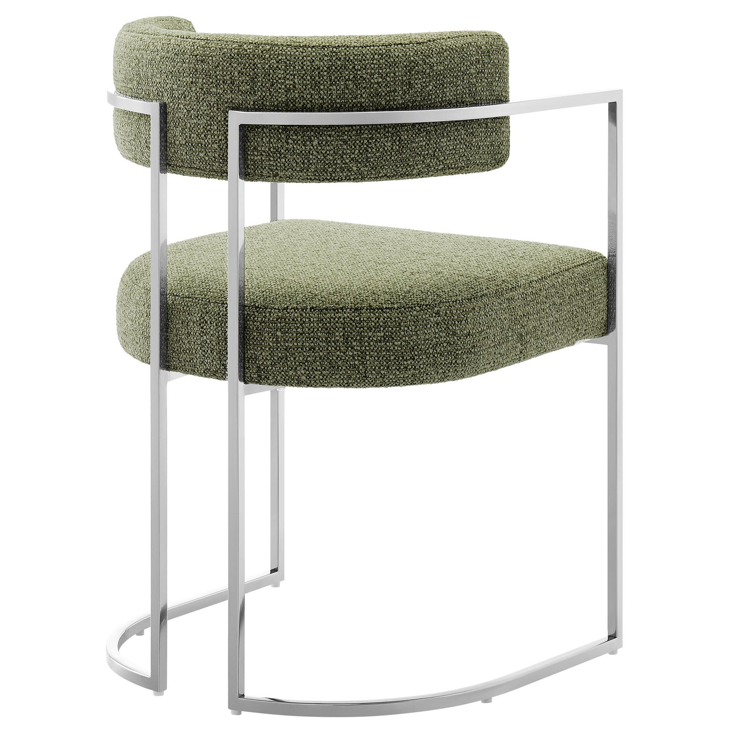 Olive green textured fabric dining accent chair with a silver metal curved cantilever frame.