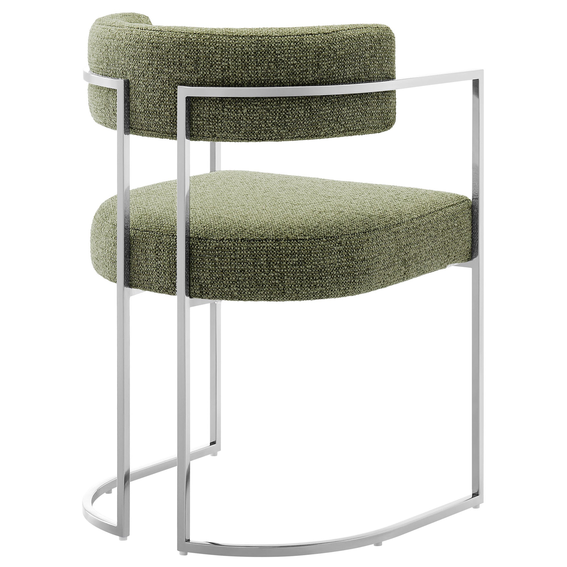 Olive green textured fabric dining accent chair with a silver metal curved cantilever frame.