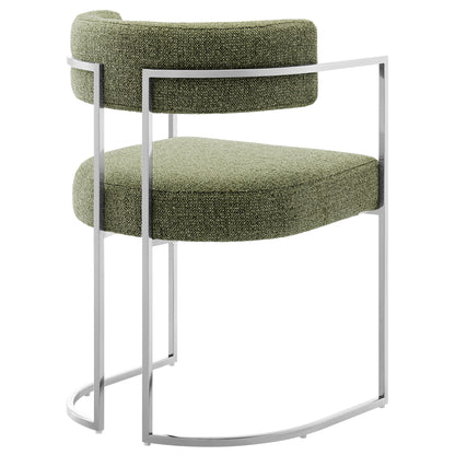 Olive green textured fabric dining accent chair with a silver metal curved cantilever frame.